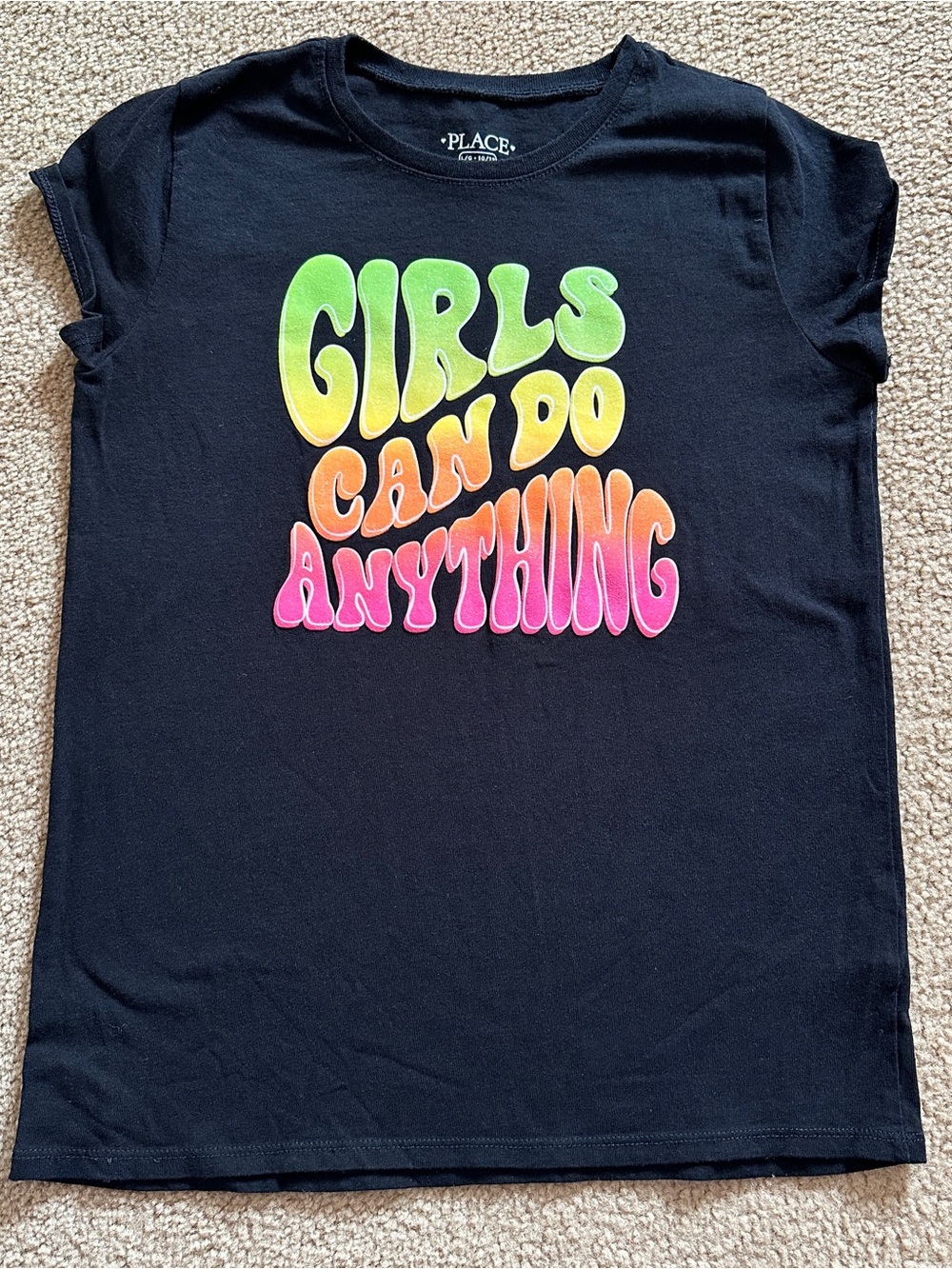 The Children's Place Girls Black Sparkly Tee “Girls Can Do Anything" L 10/12yrs